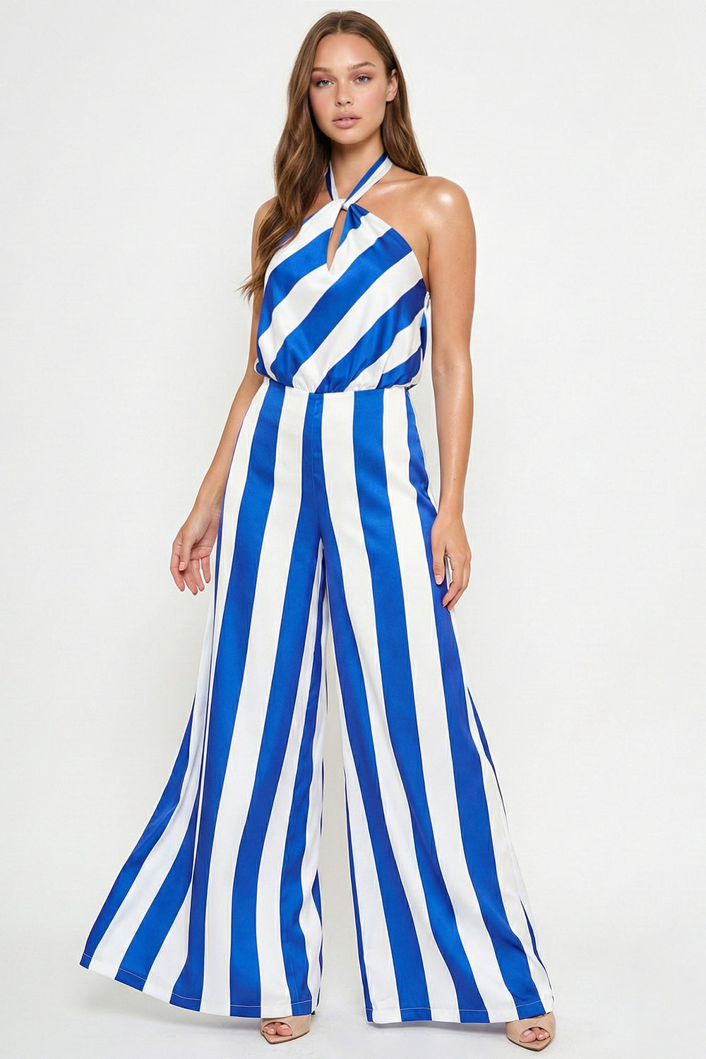 Symphony Jumpsuits - Stripe On Satin Halter Neck Jumpsuit