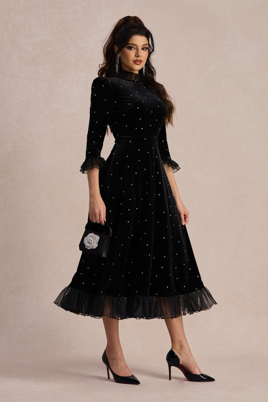 Jolie Diamante Ruffle Velvet Maxi Dress
