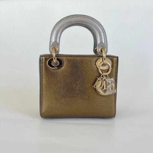 Dior Mini Lady Lizard Print Chain Shoulder Bag Metallic Gold