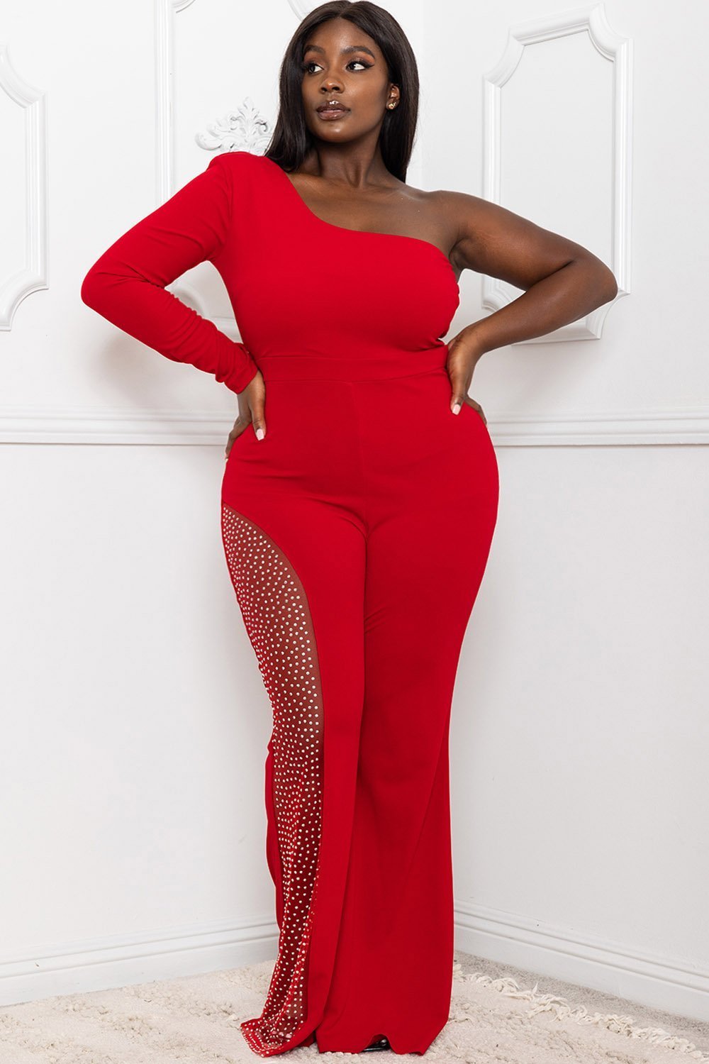 Symphony Jumpsuit - Rhinestone On Mesh One Shoulder Plus Size Night Out Jumpsuit