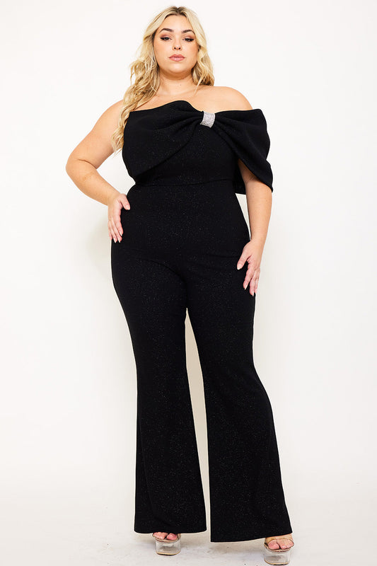 Plus Size Night Out Jumpsuit - Glitter Techno Crepe Large Bow Front Night Out Plus Size Jumpsuit