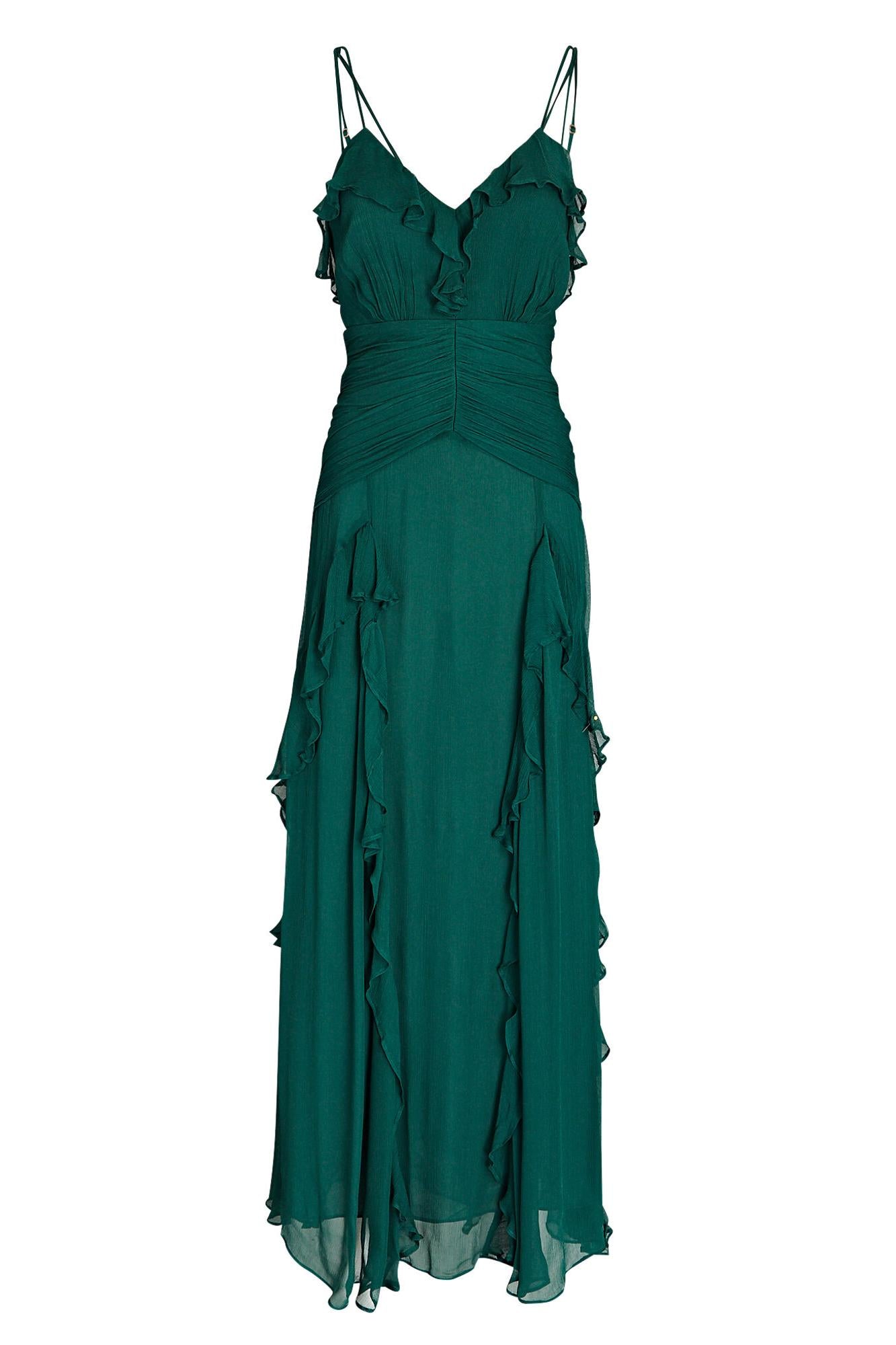 Vestido largo camisola con volantes en el bajo verde