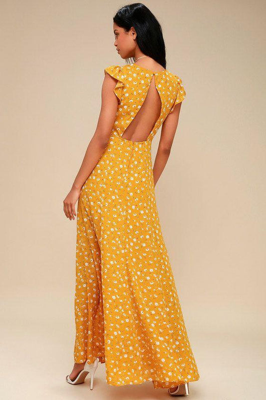Flutter Sleeve V-Neck Slit Maxi Dress