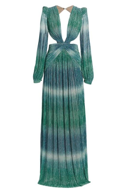 Vestido largo con escote en V y mangas farol degradadas