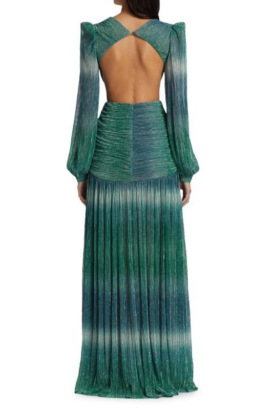 Vestido largo con escote en V y mangas farol degradadas