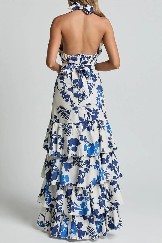 Vestido midi sin mangas con cuello halter, cordones y bajo con volantes