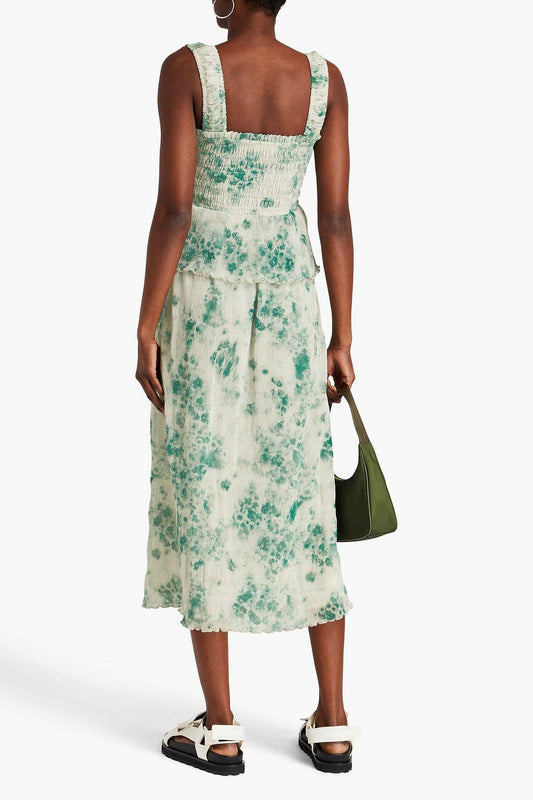 Vestido midi con volantes, cuello cuadrado y estampado abstracto