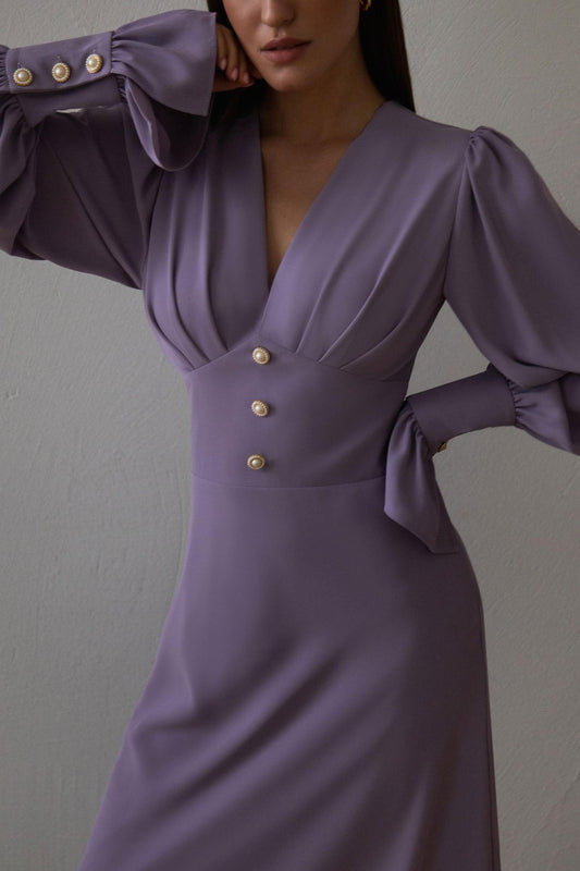 Vestido midi liso con cuello en V y mangas farol
