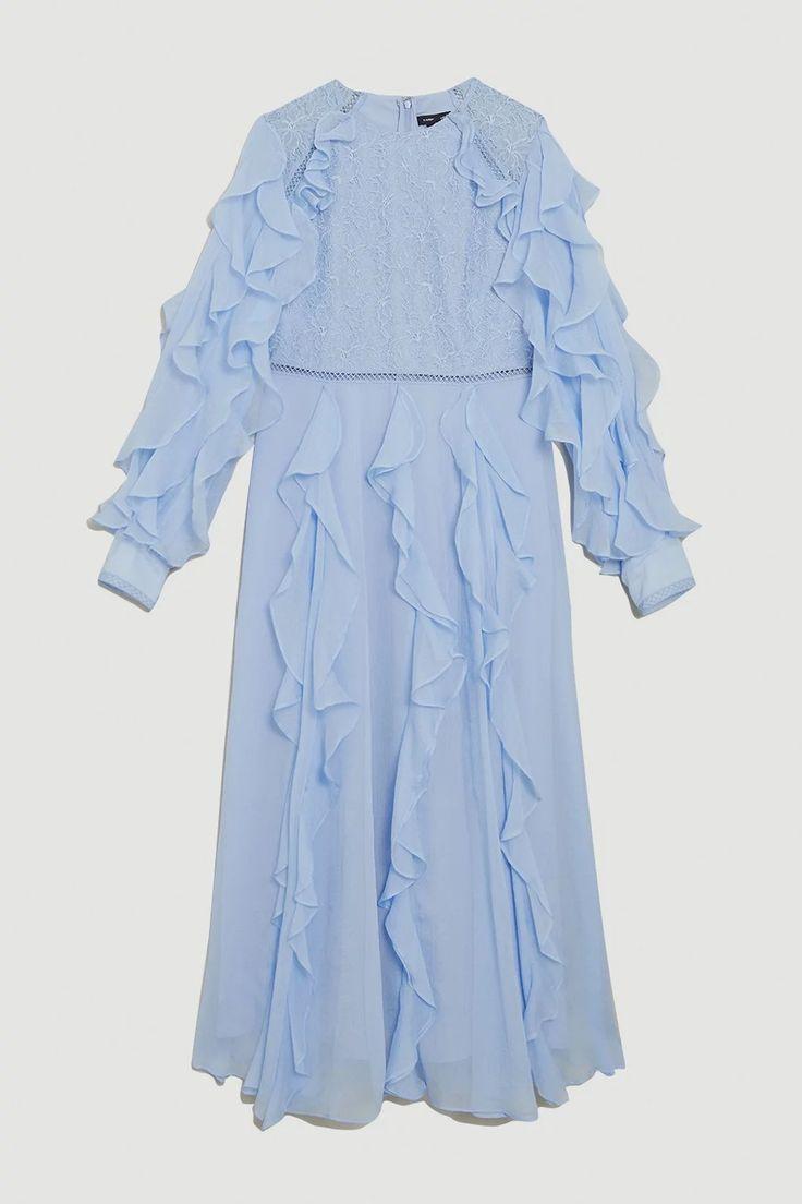 Vestido midi con abertura y mangas farol con volantes de encaje
