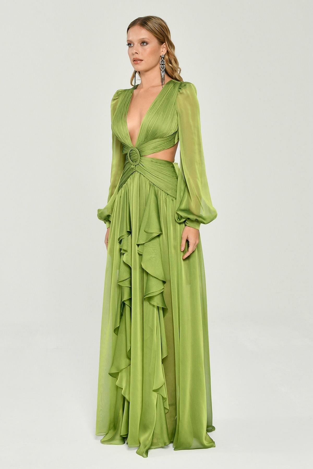 Vestido largo liso con escote en V, volantes y mangas farol divididas