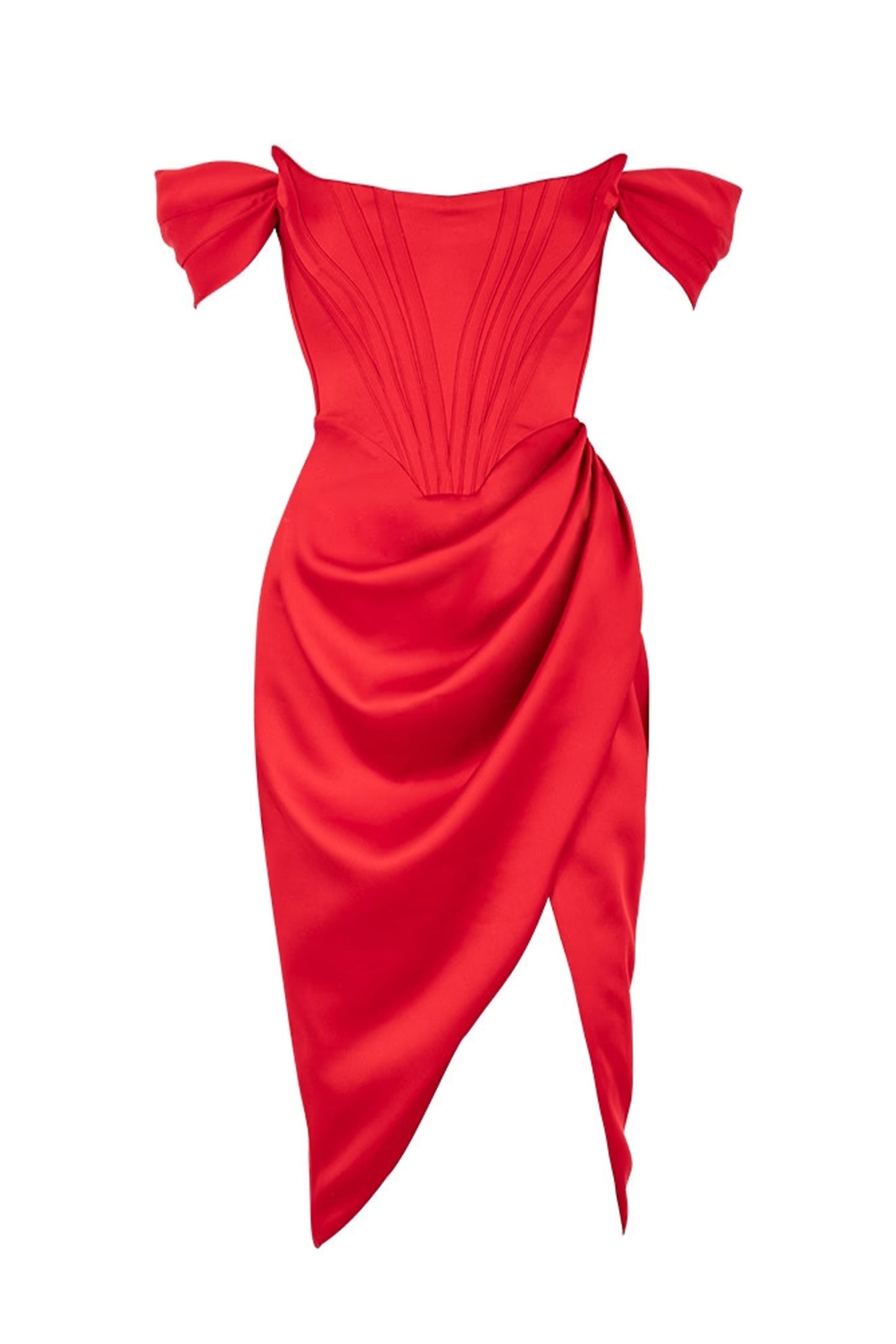 Vestido midi con hombros descubiertos y corsé de satén
