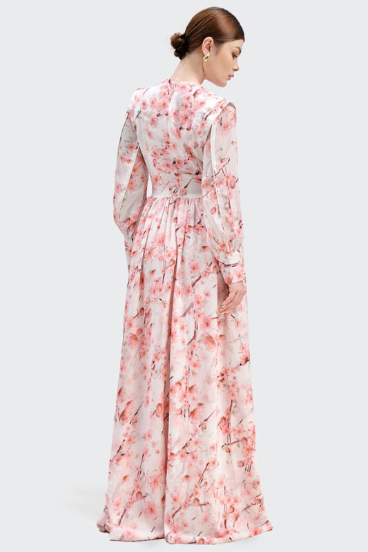 Vestido midi de manga larga con estampado floral y botonadura sencilla