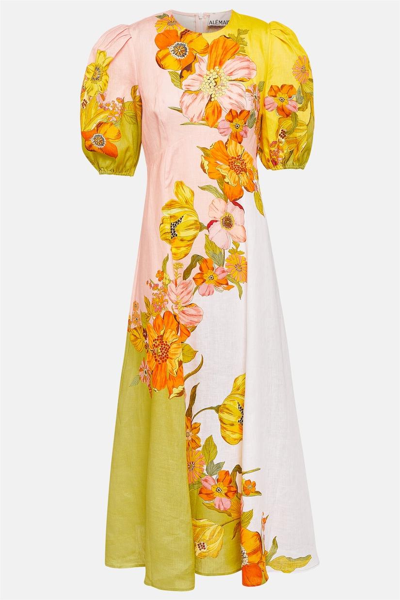 Vestido midi floral con escote redondo y mangas abullonadas