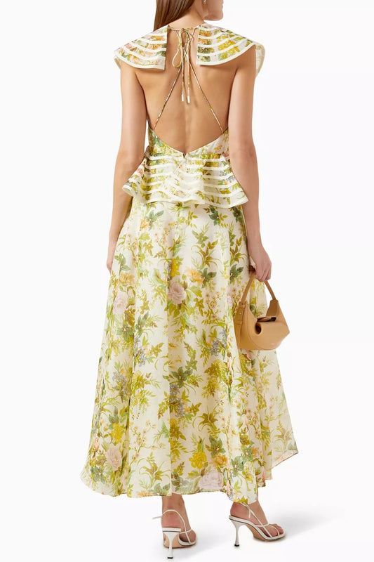 Floral Frill Round Neckline Maxi Dress