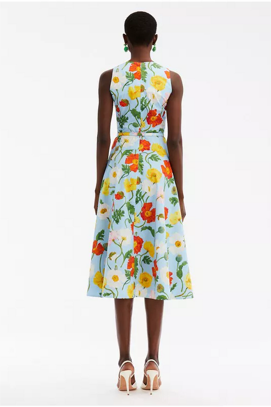 Vestido midi floral sin mangas con escote redondo