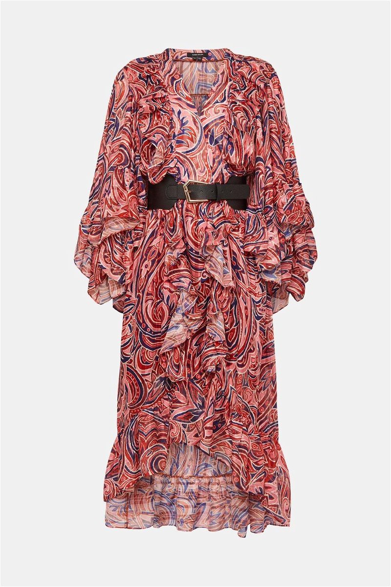 Vestido midi con cuello en V y volantes con estampado abstracto