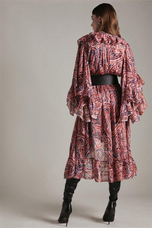 Vestido midi con cuello en V y volantes con estampado abstracto