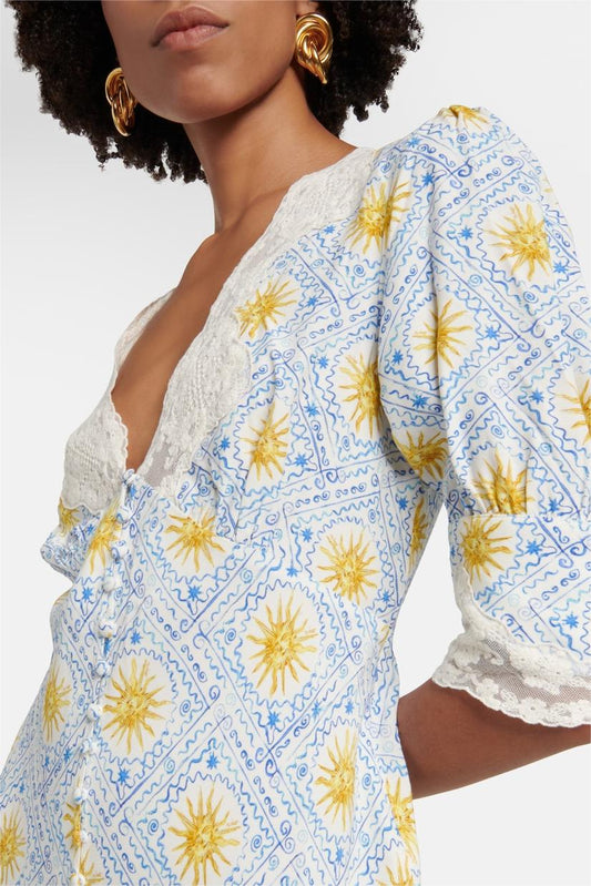 Vestido midi de encaje con cuello en V y estampado abstracto