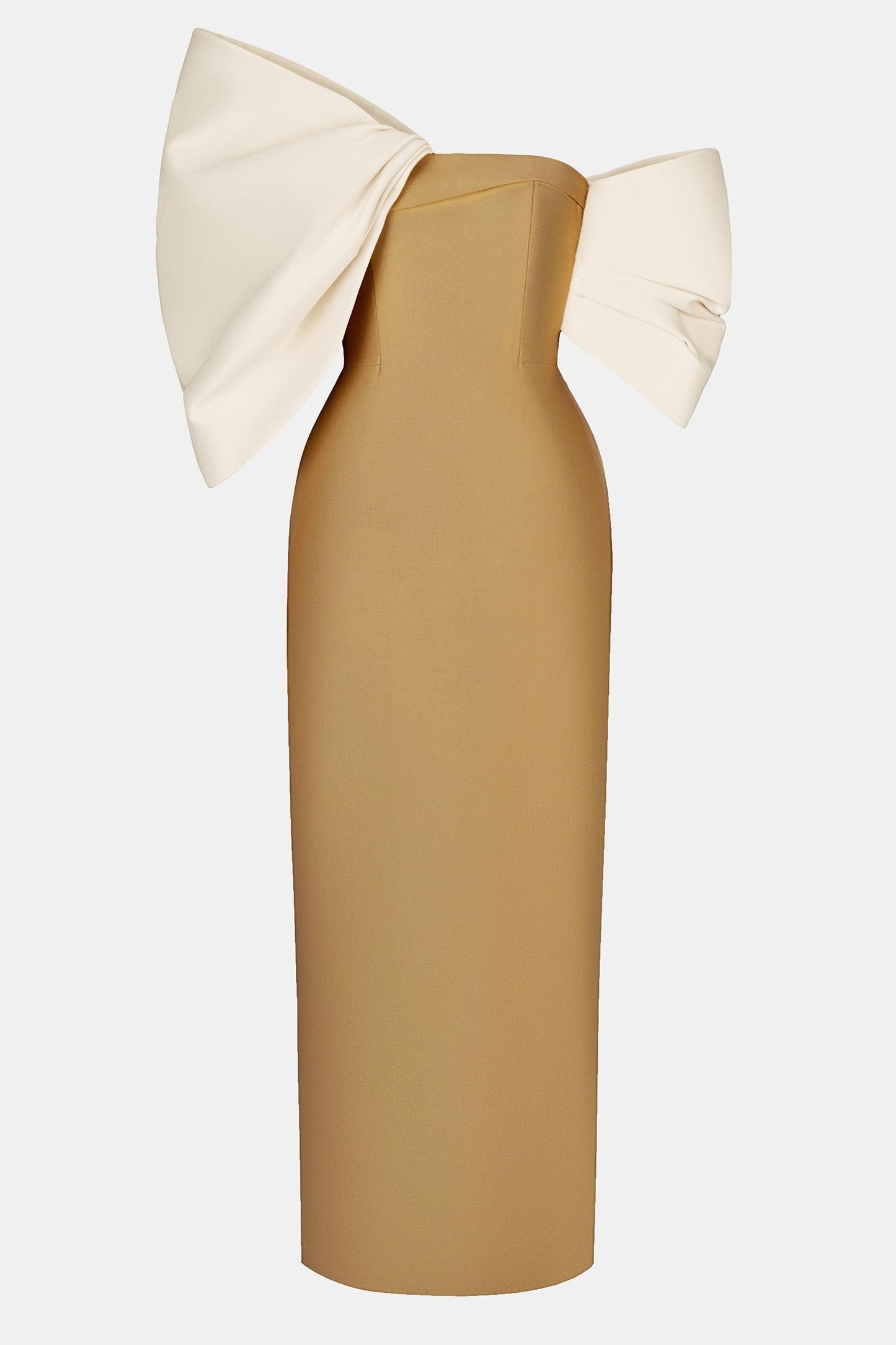 Vestido midi asimétrico con hombros descubiertos y lazo