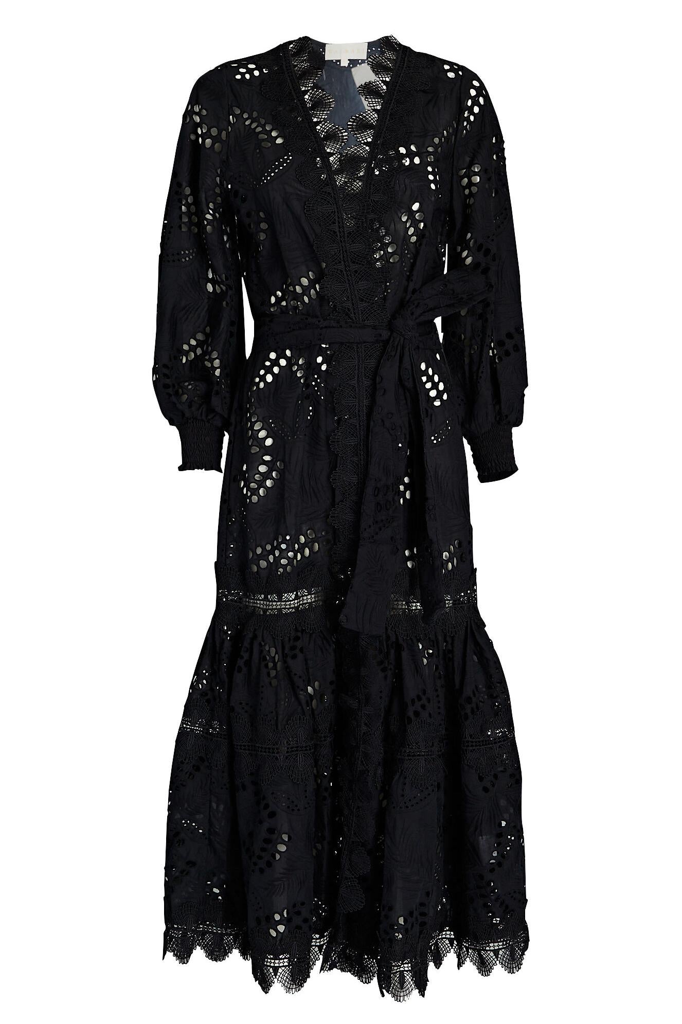 Vestido midi de encaje con mangas farol y cinturón