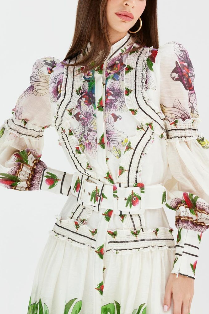 Vestido midi con mangas farol y cinturón floral