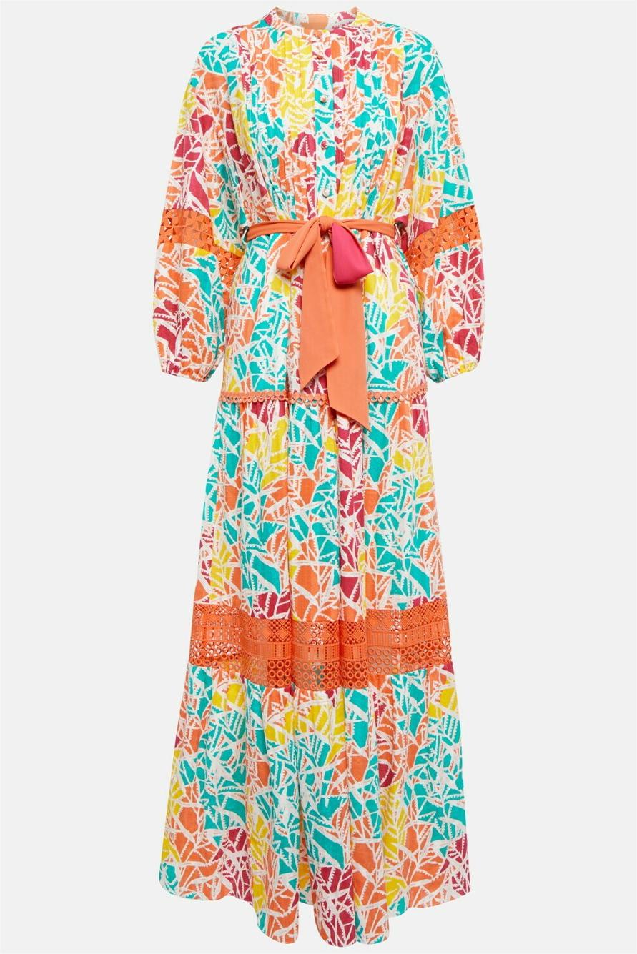 Vestido midi plisado de encaje con estampado abstracto y cinturón