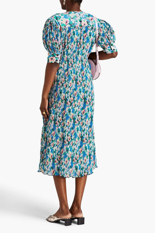 Vestido midi plisado con cuello en V y estampado abstracto