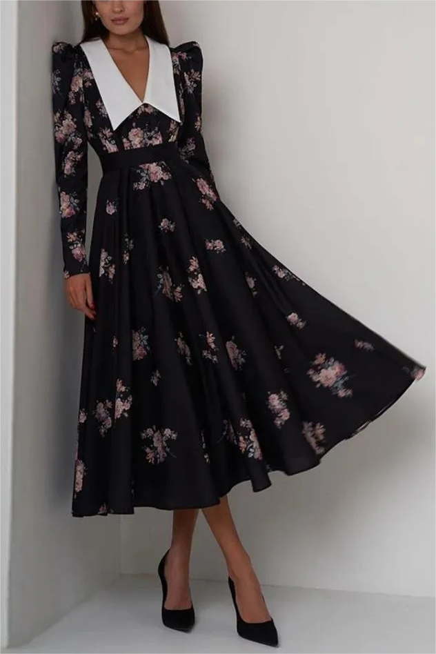 Vestido midi con mangas abullonadas y cuello con contraste floral