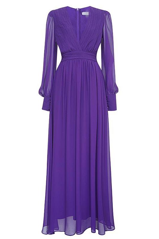 Vestido midi de gasa con cuello en V y mangas farol
