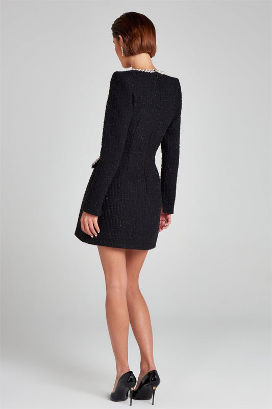 Minivestido de tweed con cuello cuadrado y perlas sintéticas