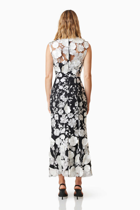 Vestido midi sin mangas con cuello redondo y flores 3D