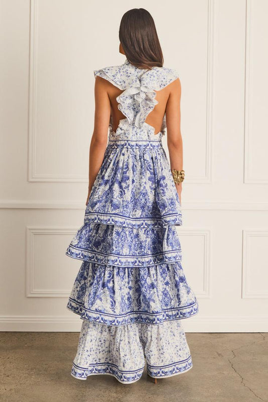 Vestido midi sin mangas con volantes y estampado paisley