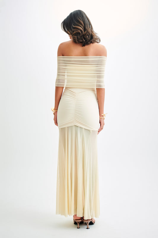 Vestido midi de malla lisa con hombros descubiertos