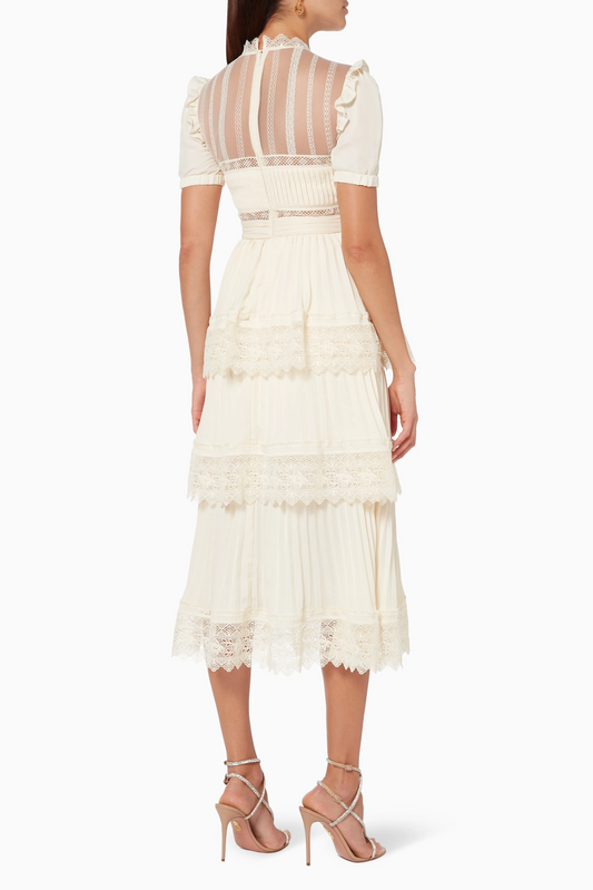 Vestido midi de encaje liso con volantes
