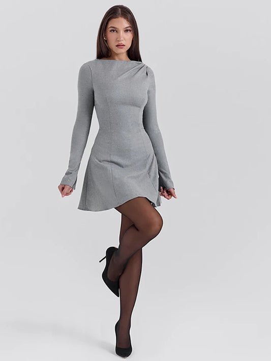 JULISSA MO - Vestido elegante de cuello redondo para mujer, negro, manga larga, cintura alta, minivestido femenino de otoño, corte en A, ajustado, para fiesta y club, 2025