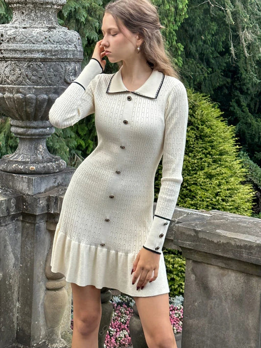 JULISSA MO Knitted Turn-down Collar Women Dress White Long Sleeve Single Breasted Dress Female Autumn Skinny Elegant Streetwear