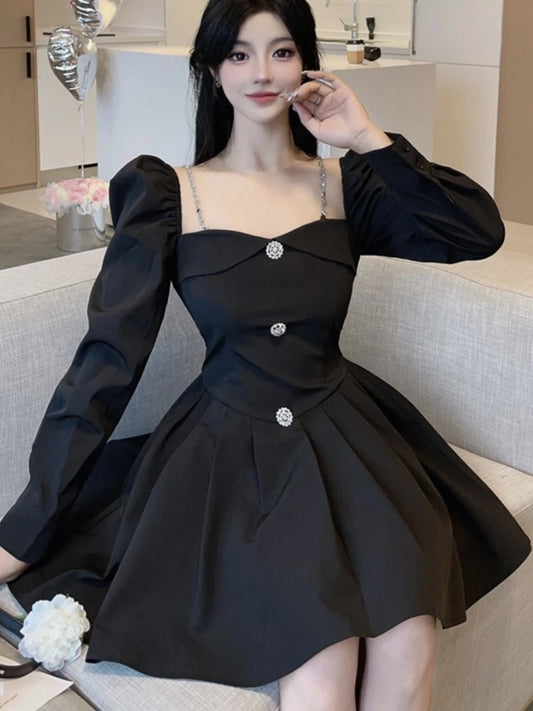 Vestido mini liso de estilo coreano para mujer, manga larga, cuello cuadrado, moda de primavera, cintura alta, fiesta de cumpleaños