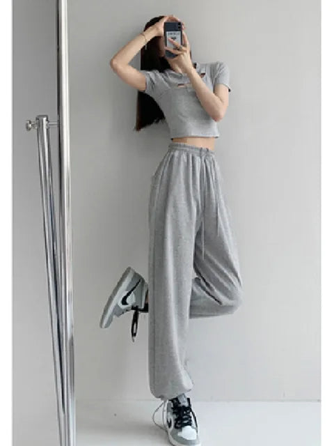 Pantalones blancos y azules coreanos para mujer, pantalones harén holgados de cintura alta con cordón, pantalones casuales cómodos deportivos de calle para mujer, tallas S-XL