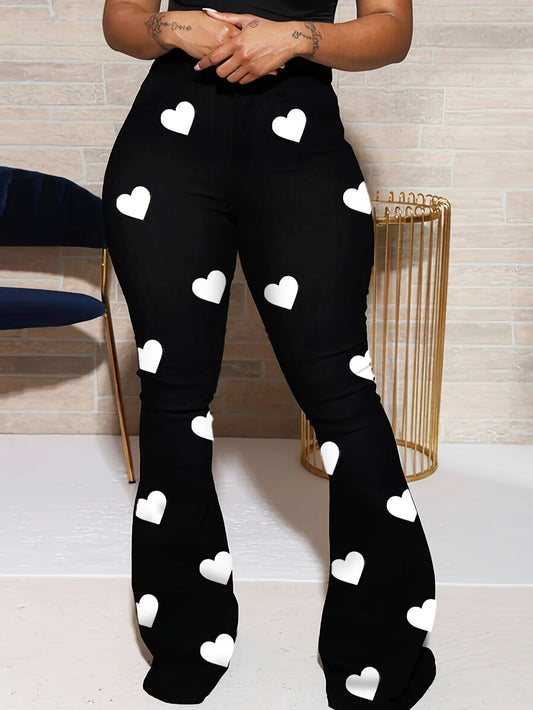High Waist Heart Print Slimming Flared Pants 2025 Women New Fashion Spring Elastic Micro Horn Trousers Sweet Causal Style