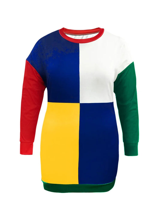 Vestido de talla grande con parches de color y cuello redondo para mujer, minivestido recto de manga larga con hombros descubiertos para otoño e invierno