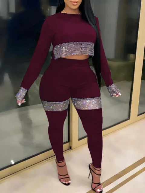 Conjunto de top corto de talla grande con lentejuelas transparentes, elegante y sexy, de dos piezas, de manga larga y cuello redondo para otoño