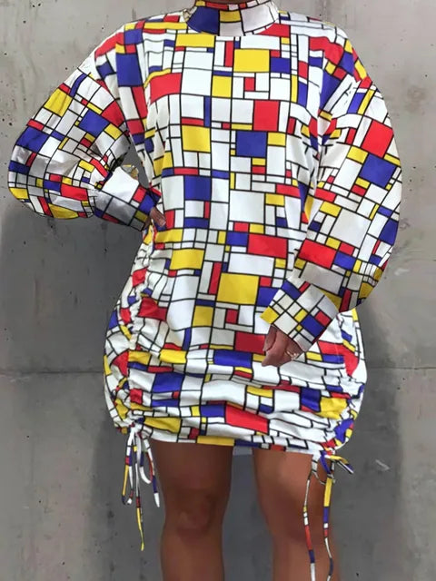 Vestido camisero holgado de talla grande con cuello alto, manga farol, cuello alto, recto y cordón ajustable para mujer