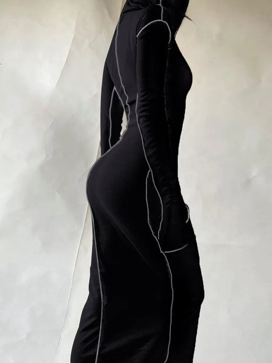 Plus Size Lady Sexy Women¡¯s Autumn Winter Dress Hooded Collar Striped Bodycon Elegant Black Long Sleeve Sweat Dresses