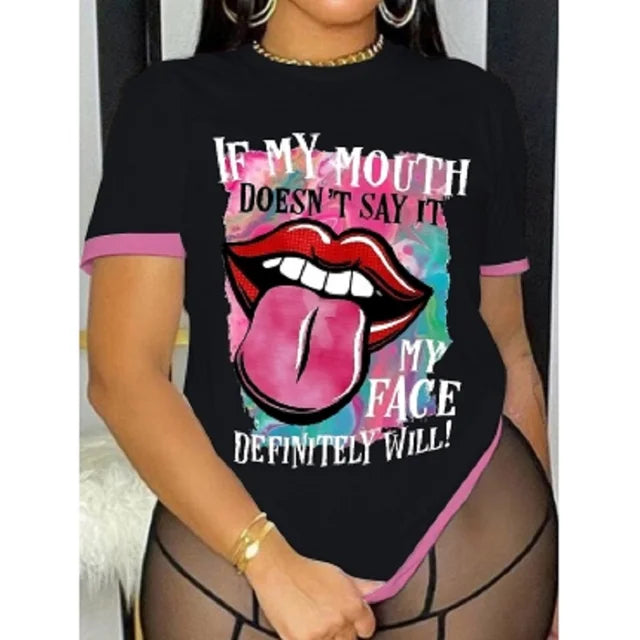 Camiseta de verano de manga corta con estampado de labios y letras de talla grande para mujer