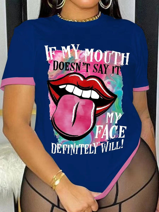 Plus Size Lip Letter Print T-shirt Summer Short Sleeve Women’s Fashion Top
