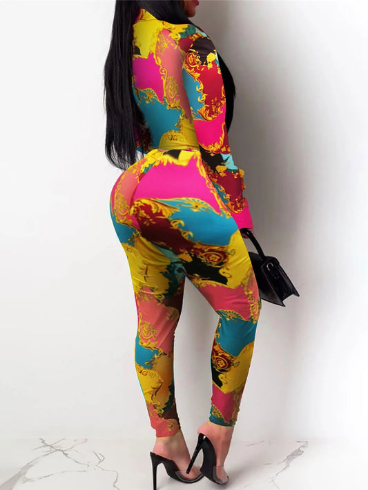 Conjunto de pantalones de corte regular con estampado mixto de talla grande, moda nueva 2025, camisa de manga larga, pantalón largo holgado y ajustado informal, dos piezas