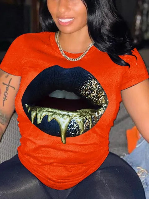 Plus Size Round Neck Lip Print T-shirt Women’s Sexy Short-Sleeved Basic White T-shirt