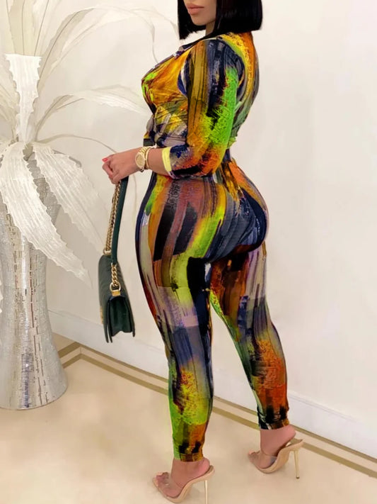 Conjunto de pantalón de corte regular con efecto tie-dye, cuello camisero, estampado degradado, traje informal de dos piezas a juego para mujer, talla grande