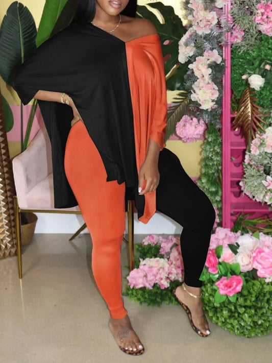 Conjunto de dos piezas de talla grande con escote en V y abertura lateral para mujer, informal, de manga corta y gran tamaño, para otoño