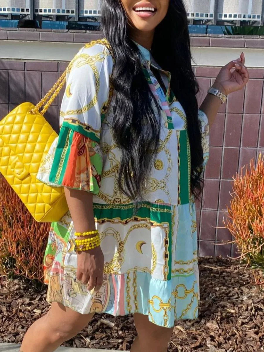 Vestido minivestido holgado de corte A con estampado de talla grande para verano 2025, elegante, de manga corta, para fiesta en la playa